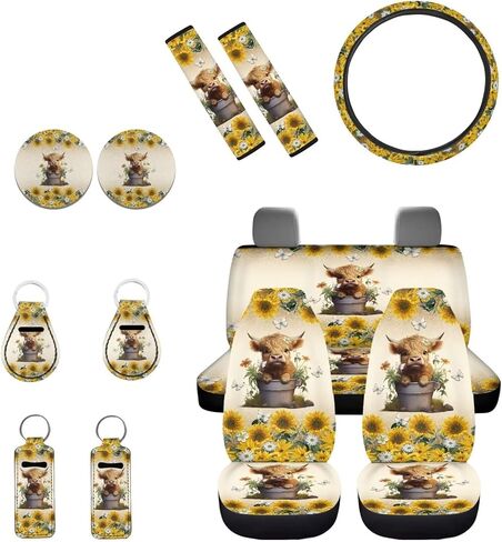 Highland Cow Sunflower 13 Pieces Seat Cover Set Car Front Seat Cover + Seat Belt Cover + Steering Wheel Cover + Keychain + Coaster + Lipstick Cover Universal Car Accessories in Saudi Arabia