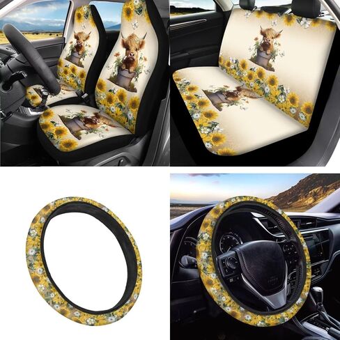 Highland Cow Sunflower 13 Pieces Seat Cover Set Car Front Seat Cover + Seat Belt Cover + Steering Wheel Cover + Keychain + Coaster + Lipstick Cover Universal Car Accessories in Saudi Arabia