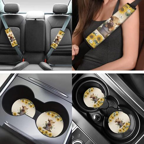 Highland Cow Sunflower 13 Pieces Seat Cover Set Car Front Seat Cover + Seat Belt Cover + Steering Wheel Cover + Keychain + Coaster + Lipstick Cover Universal Car Accessories in Saudi Arabia