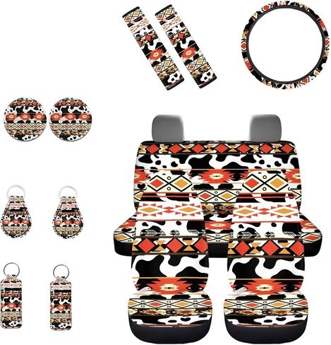 Highland Cow Sunflower 13 Pieces Seat Cover Set Car Front Seat Cover + Seat Belt Cover + Steering Wheel Cover + Keychain + Coaster + Lipstick Cover Universal Car Accessories in Saudi Arabia