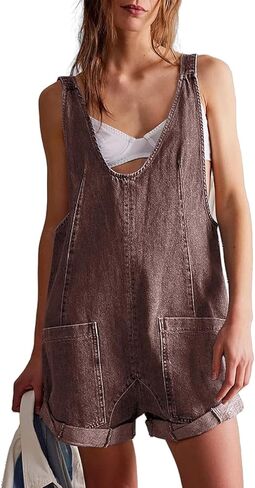 Women's Short Denim Overall Jumpsuits Casual Sleeveless V Neck Rolled Barrel Baggy Jeans Shorts Romper in Kuwait