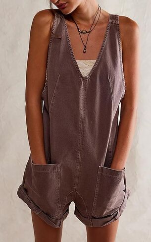 Women's Short Denim Overall Jumpsuits Casual Sleeveless V Neck Rolled Barrel Baggy Jeans Shorts Romper in Kuwait