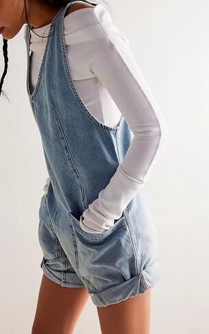 Women's Short Denim Overall Jumpsuits Casual Sleeveless V Neck Rolled Barrel Baggy Jeans Shorts Romper in Kuwait