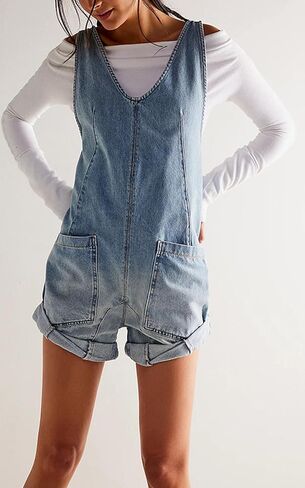Women's Short Denim Overall Jumpsuits Casual Sleeveless V Neck Rolled Barrel Baggy Jeans Shorts Romper in Kuwait