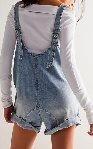 Women's Short Denim Overall Jumpsuits Casual Sleeveless V Neck Rolled Barrel Baggy Jeans Shorts Romper in Kuwait