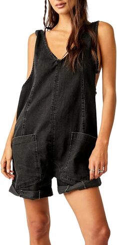 Women's Short Denim Overall Jumpsuits Casual Sleeveless V Neck Rolled Barrel Baggy Jeans Shorts Romper in Kuwait
