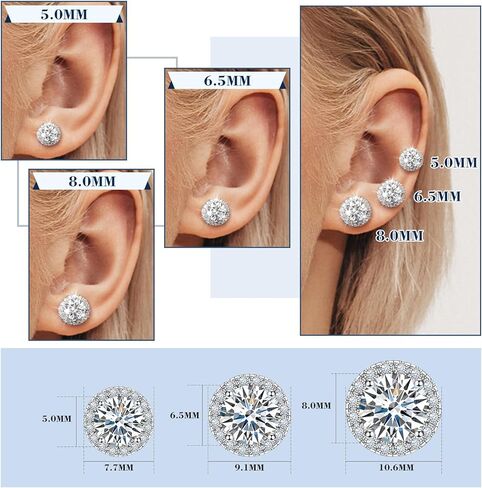 Moissanite Halo Earrings 0.2ct-4ct Moissanite Stud Earrings for Women, 18k White Gold Plated 925 Sterling Silver Men's Diamond Stud Earrings D Color VVS1 Brilliant Cut Simulated Diamond Studs with Push Back Bling Jewelry Gifts in Saudi Arabia