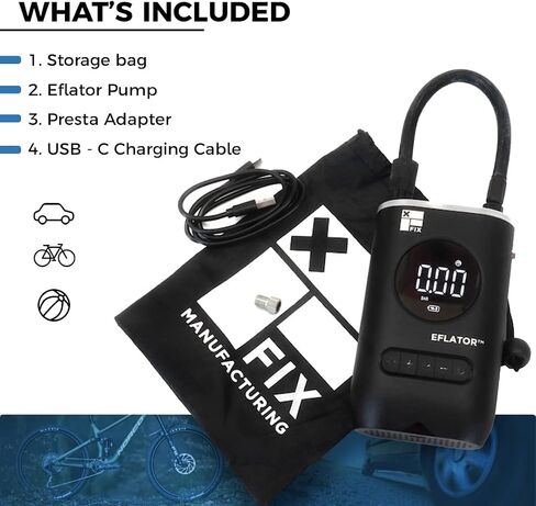 منفاخ الإطارات Eflator | دراجة نارية مضخة هواء ضاغط دراجات MTB، مضخة دراجة كهربائية للسيارات محمولة | صمام بريستا وشرايدر | بطارية 2000 مللي أمبير | 4 التضخم المحدد مسبقا | مصباح يدوي LED in Kuwait