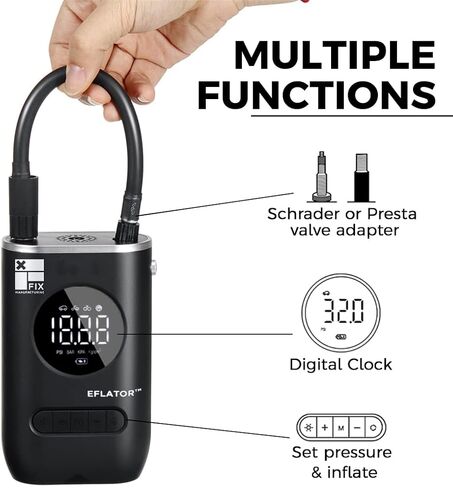 منفاخ الإطارات Eflator | دراجة نارية مضخة هواء ضاغط دراجات MTB، مضخة دراجة كهربائية للسيارات محمولة | صمام بريستا وشرايدر | بطارية 2000 مللي أمبير | 4 التضخم المحدد مسبقا | مصباح يدوي LED in Kuwait