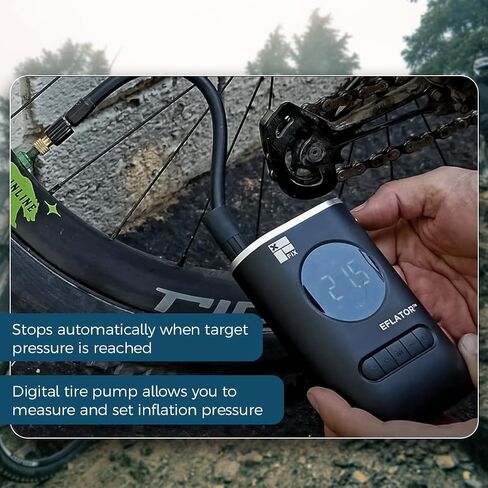 منفاخ الإطارات Eflator | دراجة نارية مضخة هواء ضاغط دراجات MTB، مضخة دراجة كهربائية للسيارات محمولة | صمام بريستا وشرايدر | بطارية 2000 مللي أمبير | 4 التضخم المحدد مسبقا | مصباح يدوي LED in Kuwait