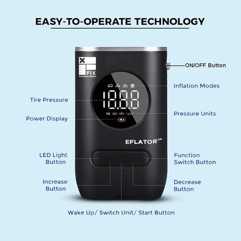 منفاخ الإطارات Eflator | دراجة نارية مضخة هواء ضاغط دراجات MTB، مضخة دراجة كهربائية للسيارات محمولة | صمام بريستا وشرايدر | بطارية 2000 مللي أمبير | 4 التضخم المحدد مسبقا | مصباح يدوي LED in Kuwait