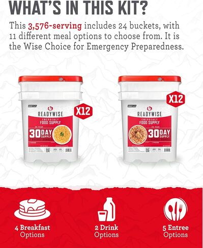 ReadyWise Emergency Food Supply - 72 Hour Survival Kit, 30 Servings of Protein Meals, Freeze Dried Food for Backpacking, Camping Essentials & Disaster Prepping Supplies, up to 25 Year Shelf Life in Kuwait