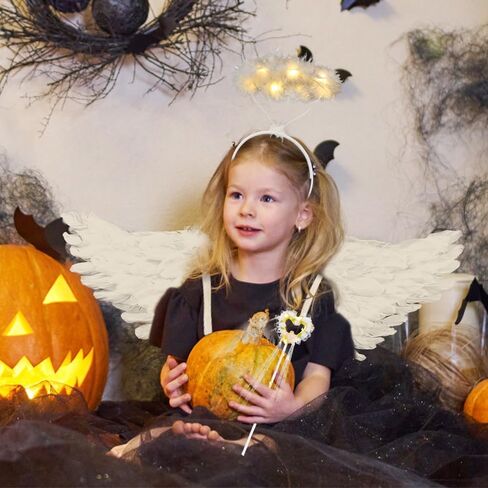 أجنحة الملاك مقاس 31.5 بوصة للأطفال، أجنحة الملاك البيضاء، هالة وعصا خرافية للفتيات والنساء، زي جناح الملاك المضيء الكبير للكبار، ديكور حفلات الهالوين وعيد الميلاد in Kuwait