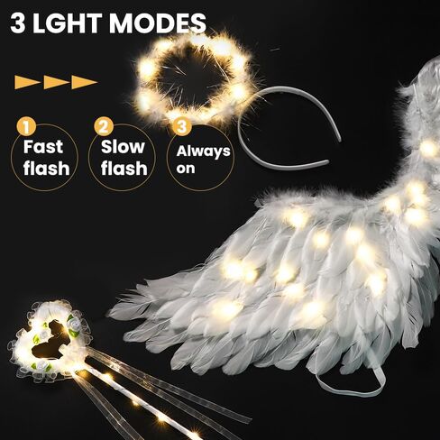 أجنحة الملاك مقاس 31.5 بوصة للأطفال، أجنحة الملاك البيضاء، هالة وعصا خرافية للفتيات والنساء، زي جناح الملاك المضيء الكبير للكبار، ديكور حفلات الهالوين وعيد الميلاد in Kuwait