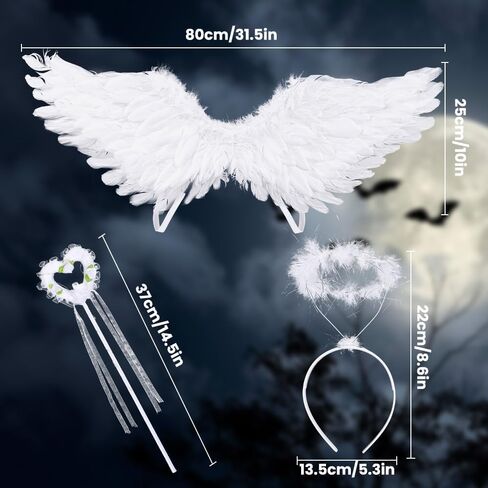 أجنحة الملاك مقاس 31.5 بوصة للأطفال، أجنحة الملاك البيضاء، هالة وعصا خرافية للفتيات والنساء، زي جناح الملاك المضيء الكبير للكبار، ديكور حفلات الهالوين وعيد الميلاد in Kuwait