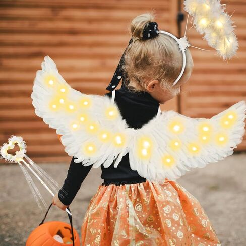 أجنحة الملاك مقاس 31.5 بوصة للأطفال، أجنحة الملاك البيضاء، هالة وعصا خرافية للفتيات والنساء، زي جناح الملاك المضيء الكبير للكبار، ديكور حفلات الهالوين وعيد الميلاد in Kuwait