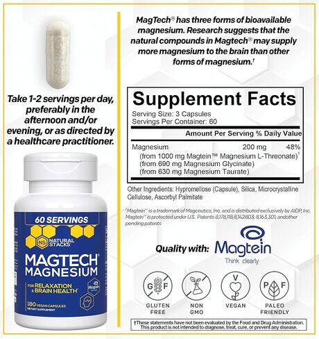 Natural Stacks MagTech Magnesium Supplement - Chelated Magnesium Complex - 3 Forms of Magnesium: Magtein Magnesium L-Threonate, Glycinate & Taurate - Supports Relaxation & Brain Health, 45 Capsules in Saudi Arabia
