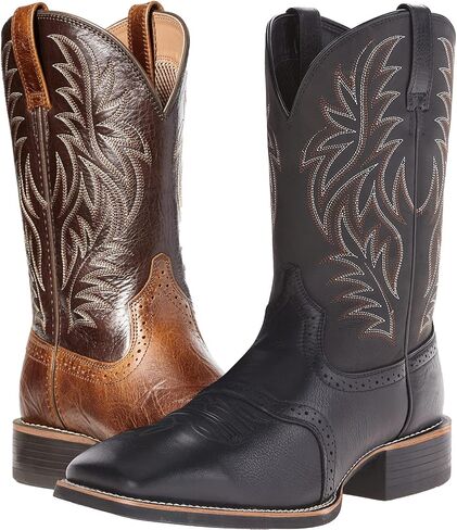 Western Cowboy Boots for Men,Western Square Toe Cowboy Boots Retro Leather Embroidery Casual Chunky Heel Wide Calf Pull On Boots in Saudi Arabia