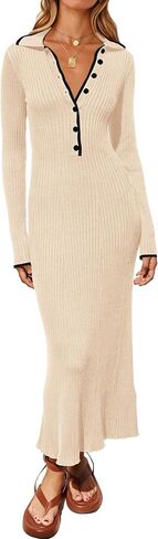 MASCOMODA Women Fall Long Sleeve V Neck Sweater Dress Casual Lapel Button Up Slim Fit Ribbed Knit Long Maxi Dresses in Saudi Arabia