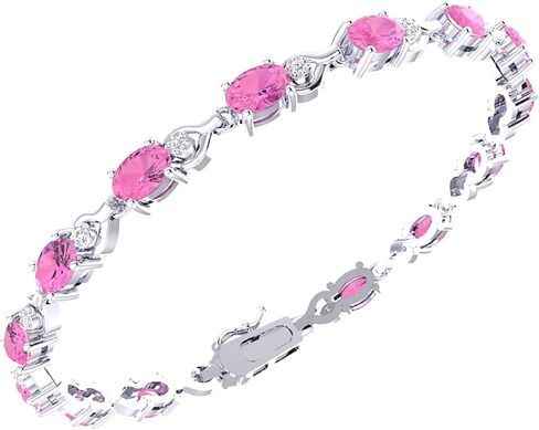 Tennis Bracelet for Women, 925 Sterling Silver Rhodium Plating with 6x4mm Oval Precious/Semi-Precious Birthstone Gemstones and 1.5mm Round Diamond, Bezel Style with Lobster Claw in Kuwait