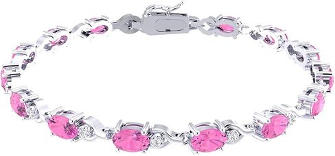 Tennis Bracelet for Women, 925 Sterling Silver Rhodium Plating with 6x4mm Oval Precious/Semi-Precious Birthstone Gemstones and 1.5mm Round Diamond, Bezel Style with Lobster Claw in Kuwait