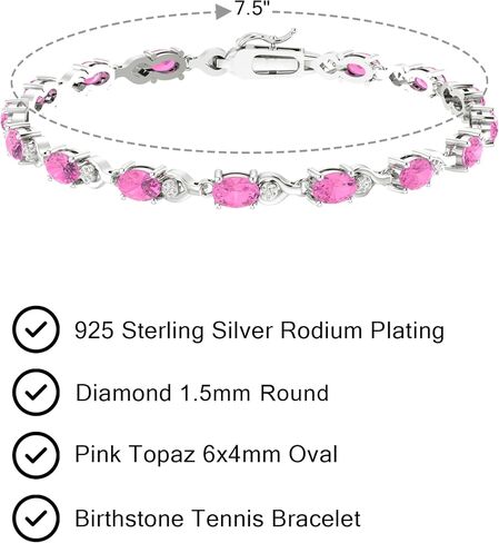 Tennis Bracelet for Women, 925 Sterling Silver Rhodium Plating with 6x4mm Oval Precious/Semi-Precious Birthstone Gemstones and 1.5mm Round Diamond, Bezel Style with Lobster Claw in Kuwait