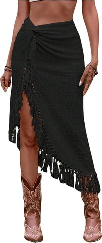 SHENHE Women's Twist Front High Slit Fringe Skirt Asymmetrical Tassel Boho Midi Skirt in Saudi Arabia