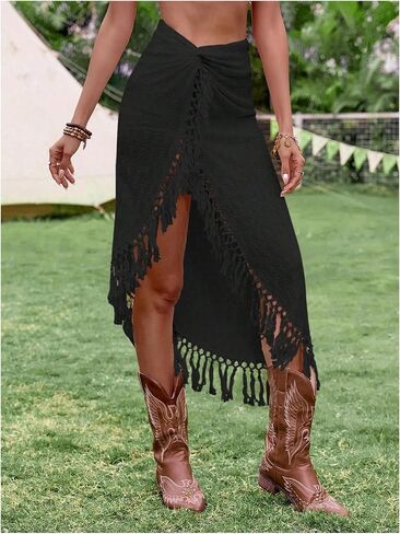 SHENHE Women's Twist Front High Slit Fringe Skirt Asymmetrical Tassel Boho Midi Skirt in Saudi Arabia