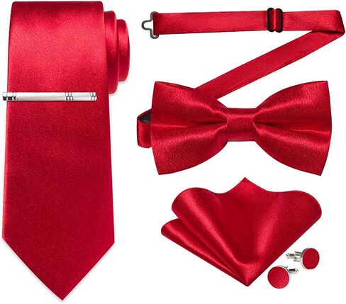 DiBanGu Men Ties Bowtie Set Satin Necktie Bow Tie and Pocket Square Cufflink Set for Men with Silver Tie Clip in Saudi Arabia