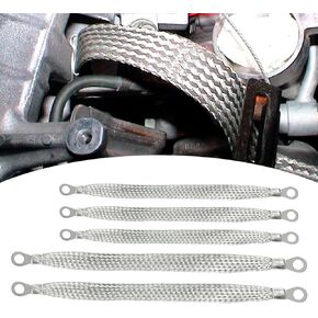 Ajxn 5 PCS Car Multifunctional Grounding Strap Kit, 10" 13" 220V Metal Soft Flat Braided Engine Ignition Coil Grounding Strap, Grounding Strap Accessories, Suitable for Trucks SUVs Cars (Silver)
