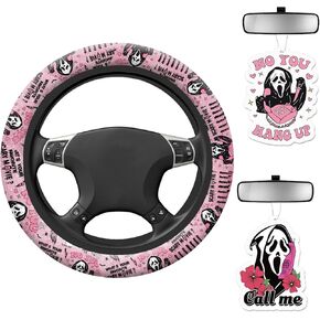 Halloween Pink Ghost Steering Wheel Cover Horror Movie Car Accessories for Men Women with 2 Car Air Freshener, 15 Inch Anti-Slip Car Steering Wheel Covers Universal Fit