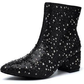 Rhinestone Zipper Sparkling Ankle Boots - Glitter Pointed Toe Fashion Comfortable Shoes, Pull on Chunky Heel Western Boots