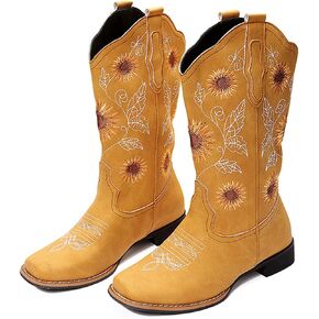 gloryinterest Cowboy Boots for Women Mid Calf Cowgirl Western Boots Sunflower Embroidery Stitched Square Toe Low Heel Black Brown Yellow US6-10.5