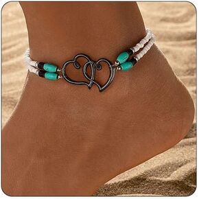 Heart Ankle Bracelet for Women Double Layered Elastic Beaded Anklet Seed Bead Turquoise Stretch Ankle Bracelet Double Hollowed Heart Anklet Boho Summer Beach Foot Jewelry for Women