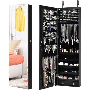 Byroce 47.5''H Jewelry Armoire, Over the Door/Wall Mounted, Full Length Mirror with Jewelry Storage, 2-LED Lockable Jewelry Cabinet with 2 Drawers, Hanging Jewelry Organizer for Bedroom (White)