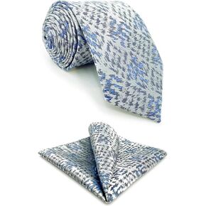 New Mens Ties Silver Sky Blue Classic Size Necktie Set with Pocket Square