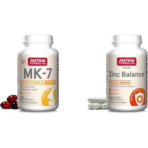 Jarrow Formulas MK-7 90 mcg - Bioactive Form of Vitamin K2 & Zinc Balance 15 mg - 100 Servings (Veggie Caps) - includes Copper