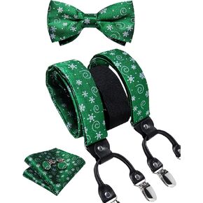 DiBanGu Men's Christmas Suspender and Bowtie Pre-tied Pocket Square Cufflinks Set Y-Back Festival