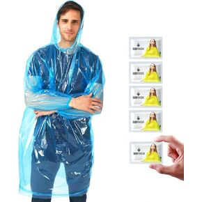 Disposable blue Rain Ponchos for Adults with Hood bulk,travel poncho rain coats for emergency,pocket poncho adult compact for women men (5 pack)