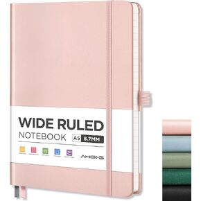 AHGXG Wide Ruled Notebook for School - Lined Journal for Women Men, 192 Numbered Pages, 100 GSM Thick Paper, A5 Hardcover Leather Notebook for Work, Writing, 5.7"×8.3" - Gray Blue