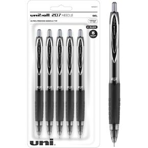 uniball Signo 207 Needle Point Gel Pen, Retractable, Medium 0.7 mm, Black Ink, Black Barrel, 4/Pack