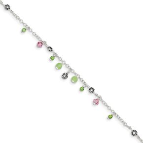 Solid 925 Sterling Silver Pink Crystal Green Quartz and Peridot Bead Ankle Bracelet in Kuwait