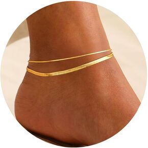 Layered Ankle Bracelets for Women,18K Gold Plated Snake Chain Anklets Set Summer Beach Jewelry