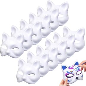 12 PCS Cat Masks White Paper Therian Cat Mask Blank Pulp Animal Masks Hand Painted for Kids Adults Women's Costume Party Halloween Decoration Masquerade Cosplay DIY Craft