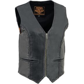 Milwaukee Leather SH1246Z Women's Black Leather Classic Braided Motorcycle Rider Vest with Front Zip Closure