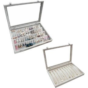 Wudygirl Jewelry Organizer Velvet Earring Holder Necklace Organizer with Lid Jewelry Tray for women (32 Pairs+20 Hook)