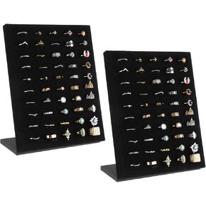 2 Pack Velvet Ring Display Stand, 50 Slots Ring Organizer Jewelry Display Tray, L-Shaped Ring Holder Display for Selling Earrings Rings, Black