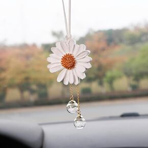 Daisy Car Hanging Ornaments for Women Girls Cute Sunflower Car Rear View Mirror Hanging Charms Automotive Interior Aesthetic Decoration Accessories Gift (White)