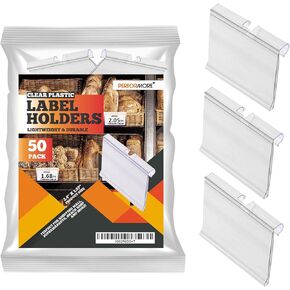 Performore 50 Pack of Clear Plastic Label Holders in a Resealable Bag, 6x4cm Transparent Label for Wire Shelves and Retail Rack Storage Bin Supermarket Shop