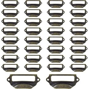 30Pcs Antique Copper Frame Tag Label Holder Office Library File Drawer Tag, Metal Vintage Cabinet Label Card Pull Handles with Screws for Furniture